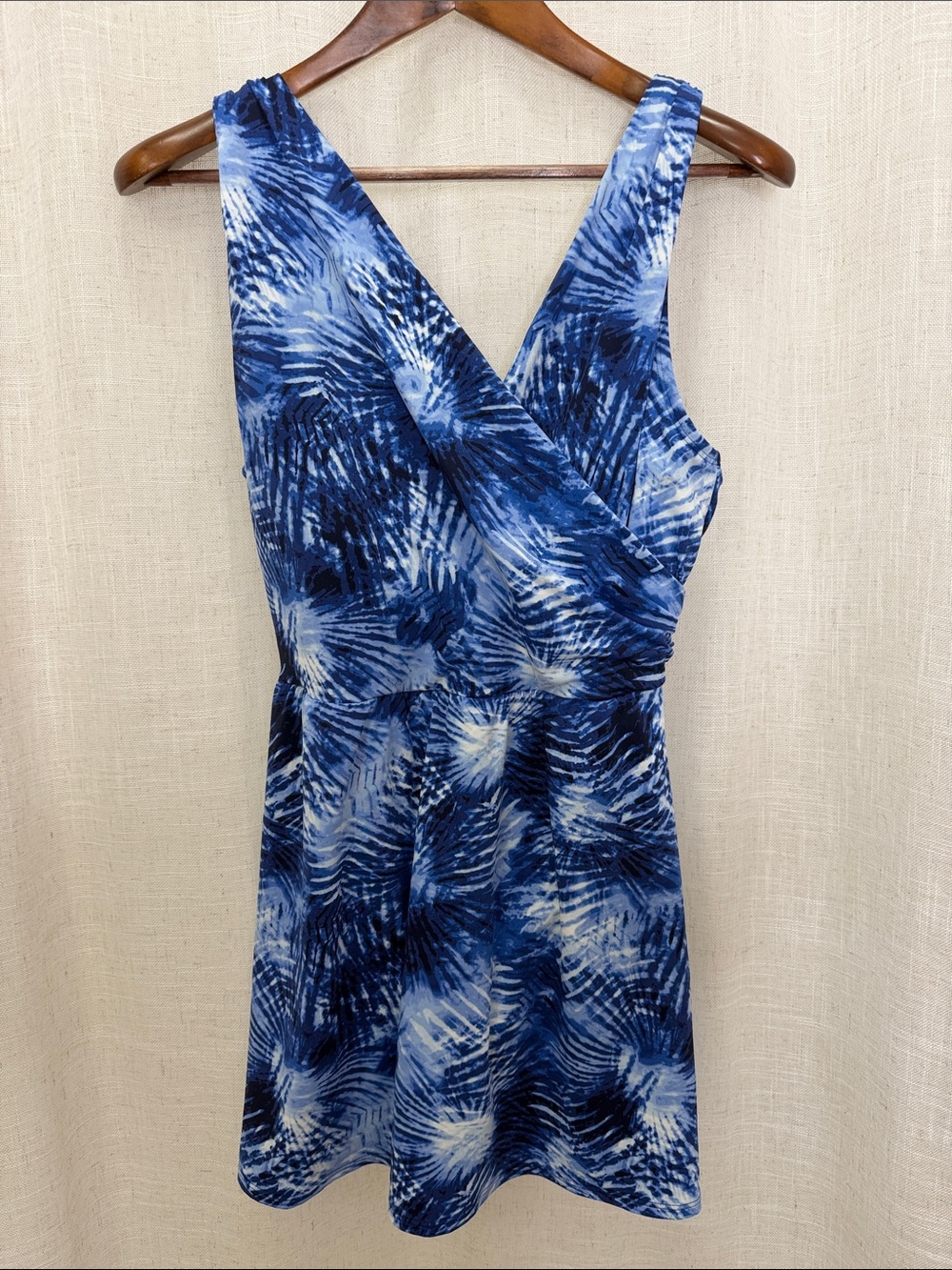 Lands’ End Tye Dye Blue & White Wrap Front One-Piece Swimsuit Size 16W
